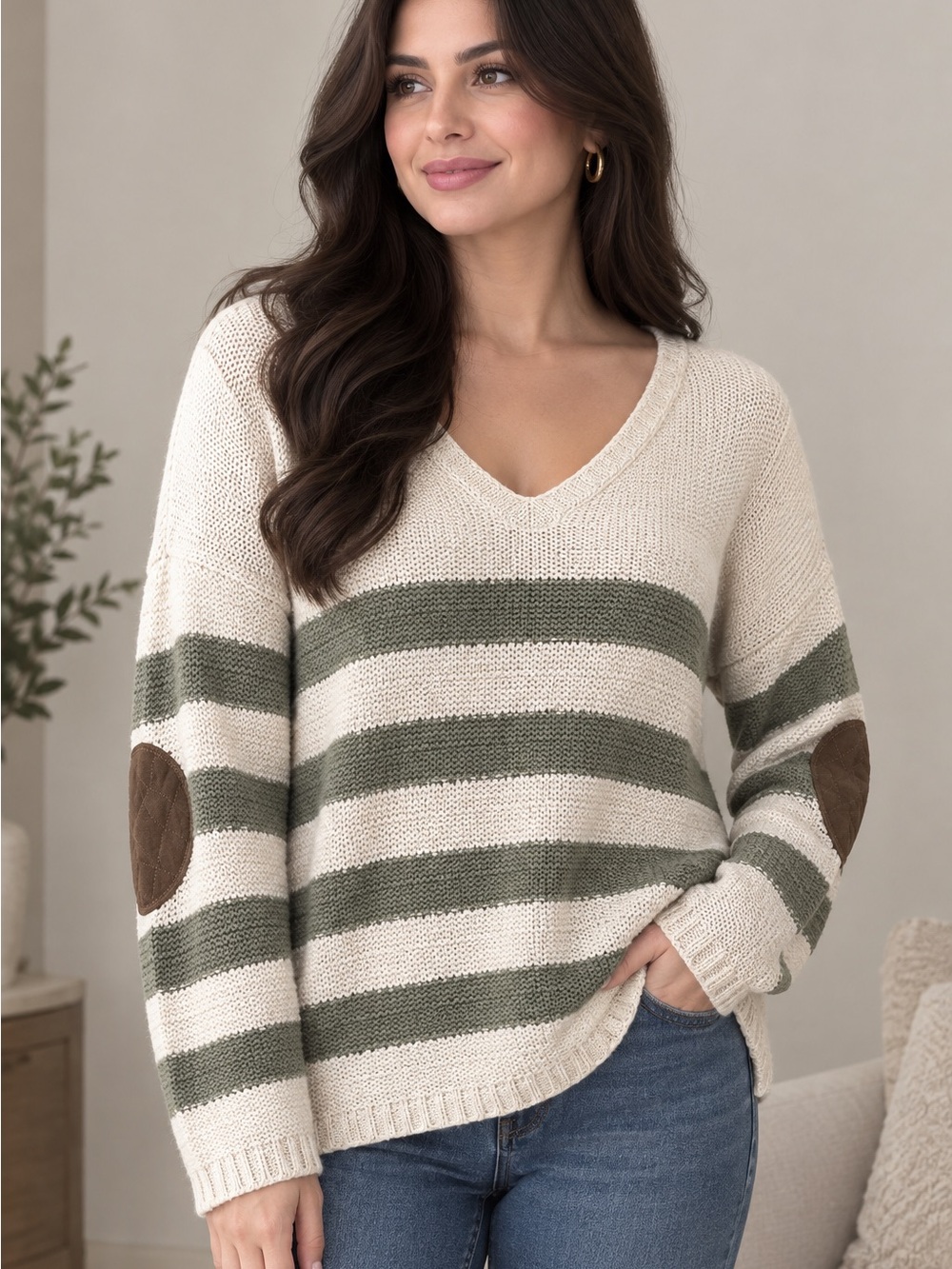 RDI Striped V-Neck Sweater in Cream and Olive with Brown Elbow Patches